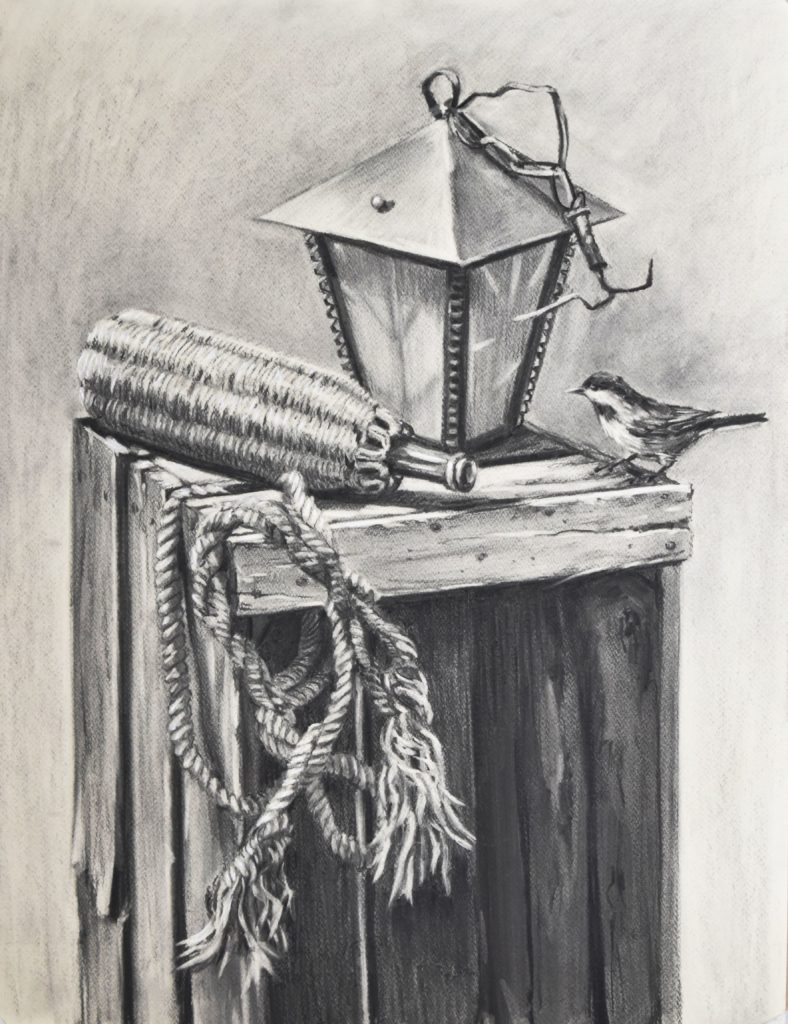 Nature-morte avec l’oiseau", 60x80cm Fusain sur papier